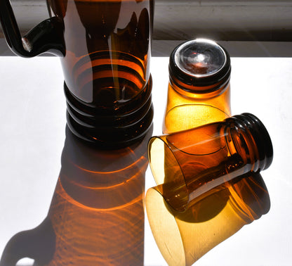 Vintage Mid-Century Polish Amber Glass Cocktail set - Pitcher & 6 Tumbers