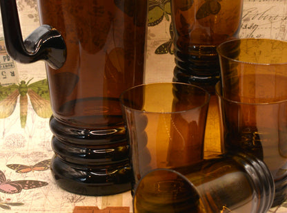 Vintage Mid-Century Polish Amber Glass Cocktail set - Pitcher & 6 Tumbers
