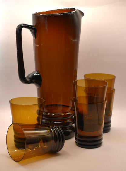 Vintage Mid-Century Polish Amber Glass Cocktail set - Pitcher & 6 Tumbers