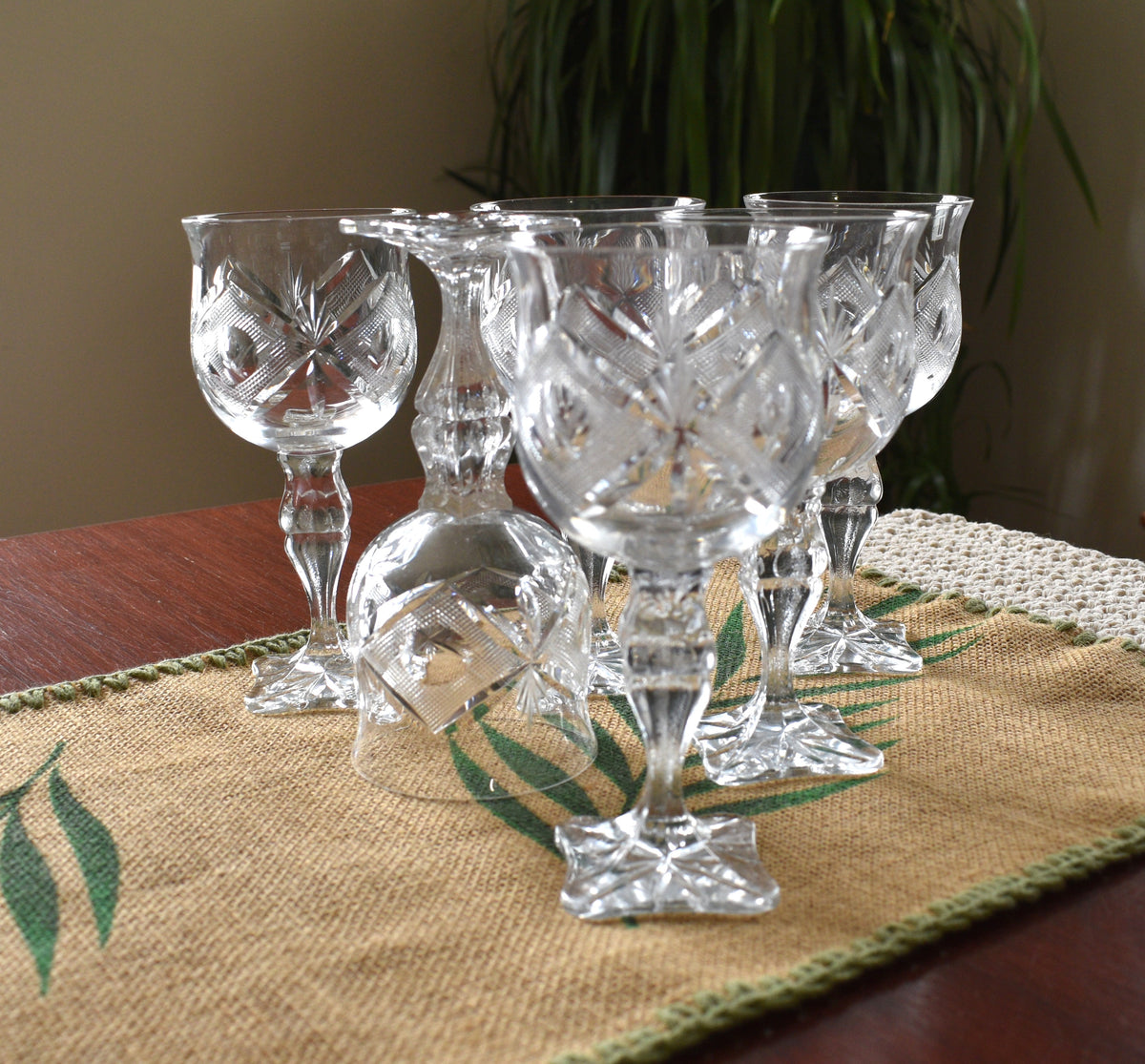 Vintage hand-cut lead Crystal Red Wine Goblets - Set of 6 - Geometric Sturburst & Square Base