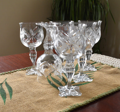 Vintage hand-cut lead Crystal Red Wine Goblets - Set of 6 - Geometric Sturburst & Square Base