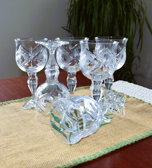 Vintage hand-cut lead Crystal Red Wine Goblets - Set of 6 - Geometric Sturburst & Square Base