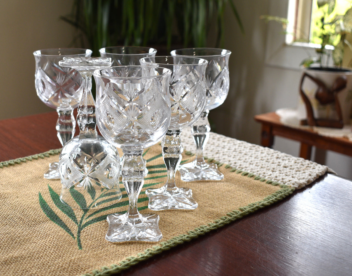 Vintage hand-cut lead Crystal White Wine Goblets - Set of 6 - Geometric Sturburst & Square Base