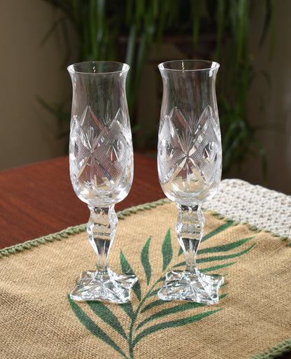 Vintage hand-cut lead Crystal Champagne Flute - Set of 2 - Geometric Sturburst & Square Base