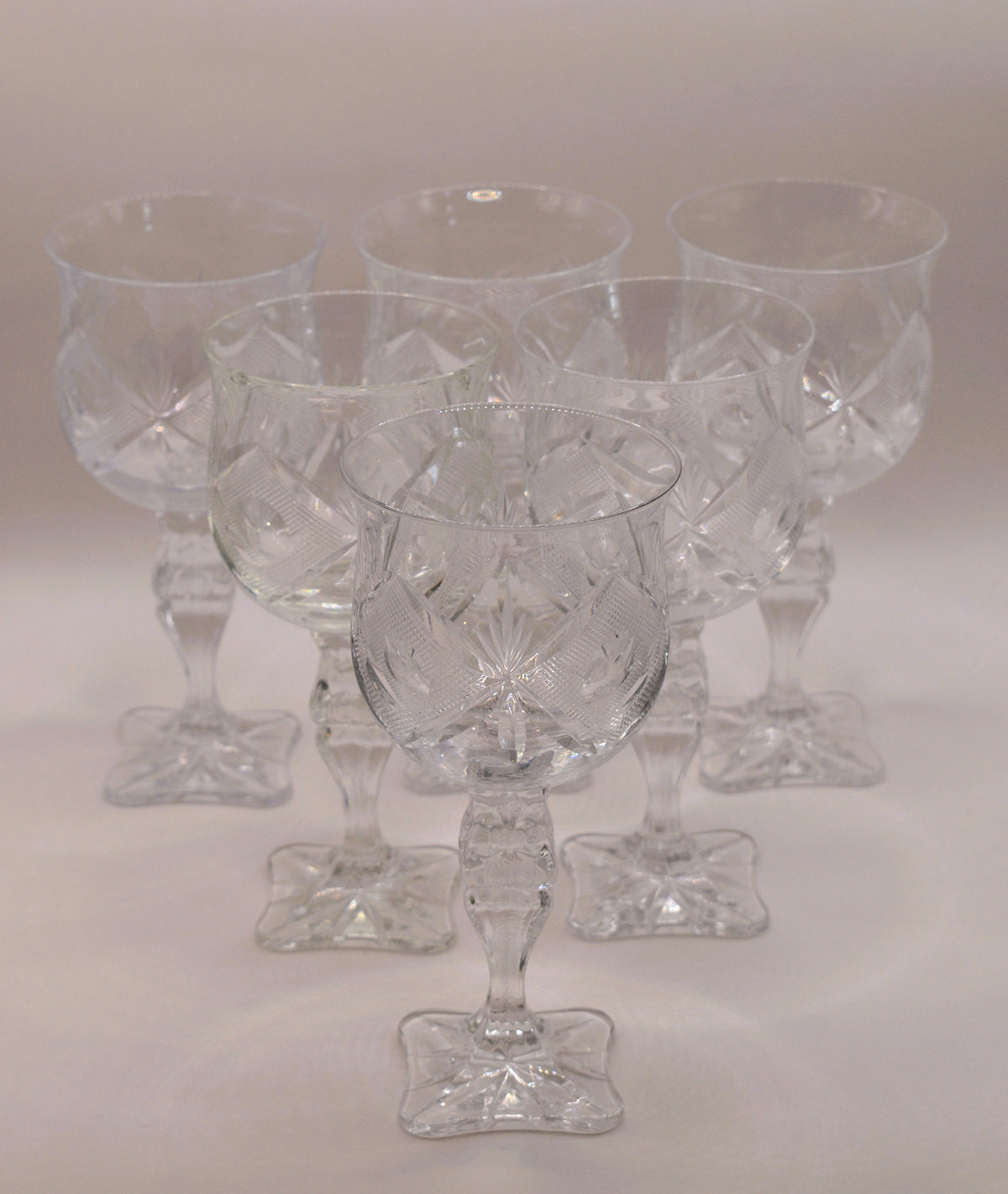 Vintage hand-cut lead Crystal Red Wine Goblets - Set of 6 - Geometric Sturburst & Square Base