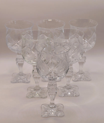 Vintage hand-cut lead Crystal Red Wine Goblets - Set of 6 - Geometric Sturburst & Square Base
