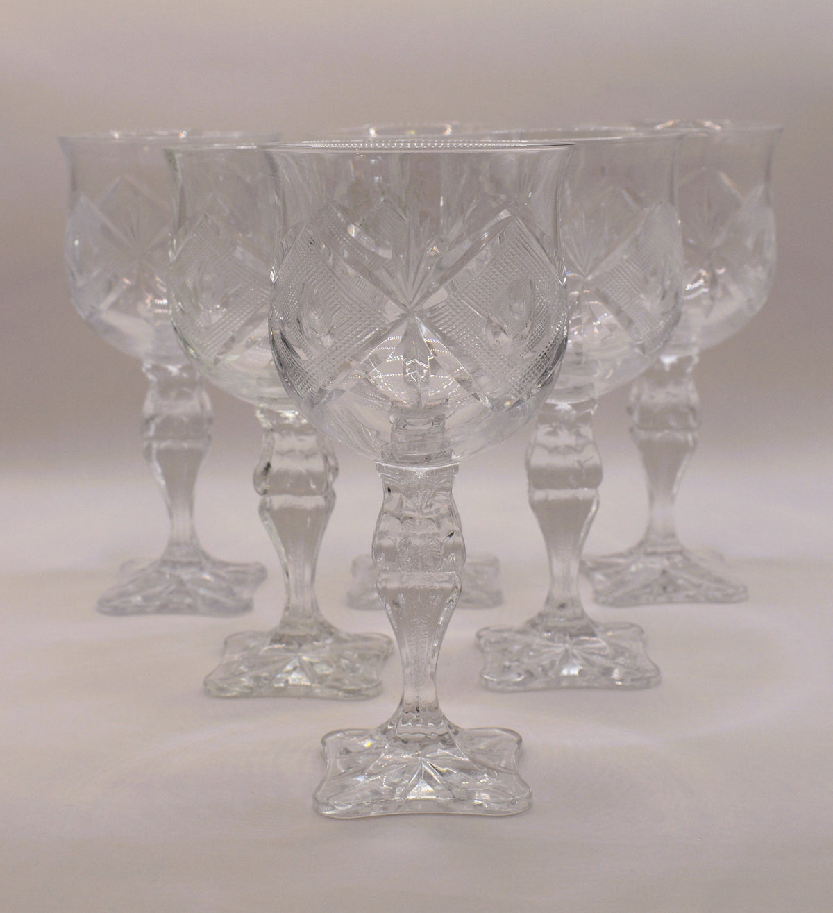 Vintage hand-cut lead Crystal Red Wine Goblets - Set of 6 - Geometric Sturburst & Square Base