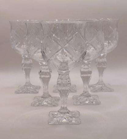 Vintage hand-cut lead Crystal Red Wine Goblets - Set of 6 - Geometric Sturburst & Square Base