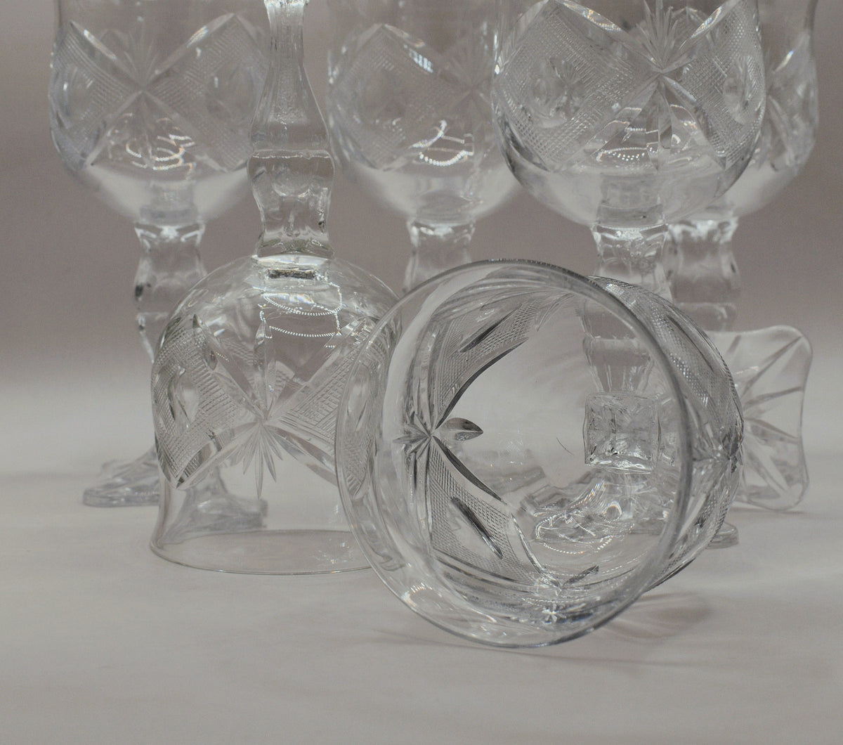 Vintage hand-cut lead Crystal Red Wine Goblets - Set of 6 - Geometric Sturburst & Square Base