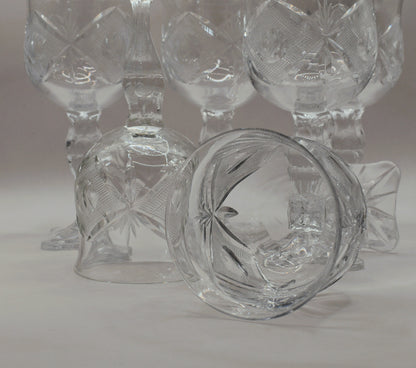 Vintage hand-cut lead Crystal Red Wine Goblets - Set of 6 - Geometric Sturburst & Square Base