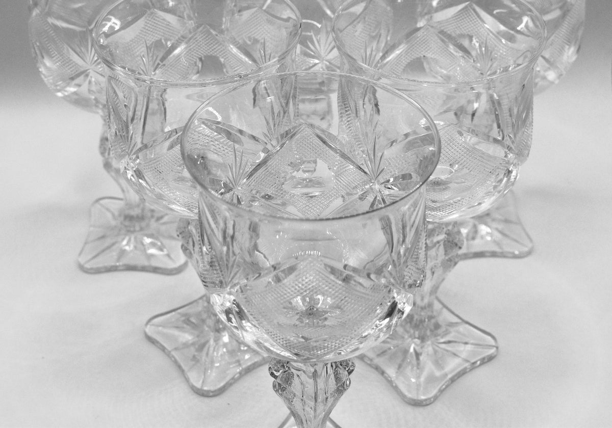 Vintage hand-cut lead Crystal Red Wine Goblets - Set of 6 - Geometric Sturburst & Square Base