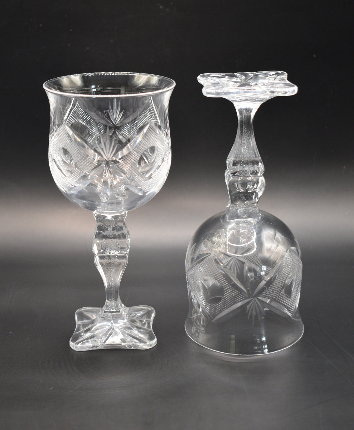 Vintage hand-cut lead Crystal Red Wine Goblets - Set of 6 - Geometric Sturburst & Square Base