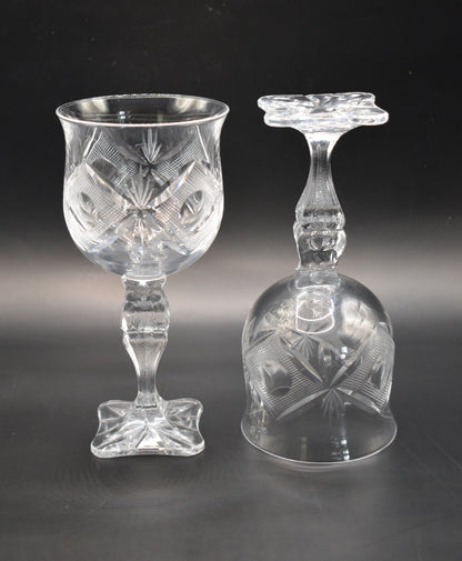 Vintage hand-cut lead Crystal Red Wine Goblets - Set of 6 - Geometric Sturburst & Square Base