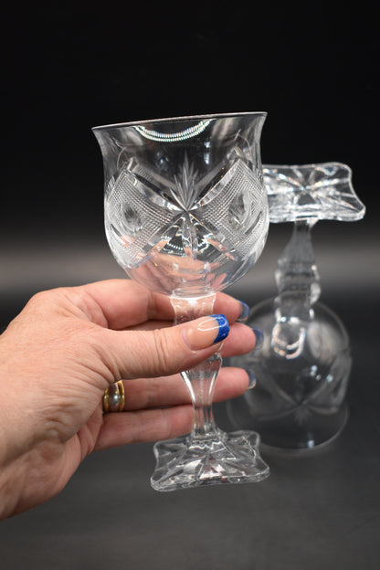 Vintage hand-cut lead Crystal Red Wine Goblets - Set of 6 - Geometric Sturburst & Square Base