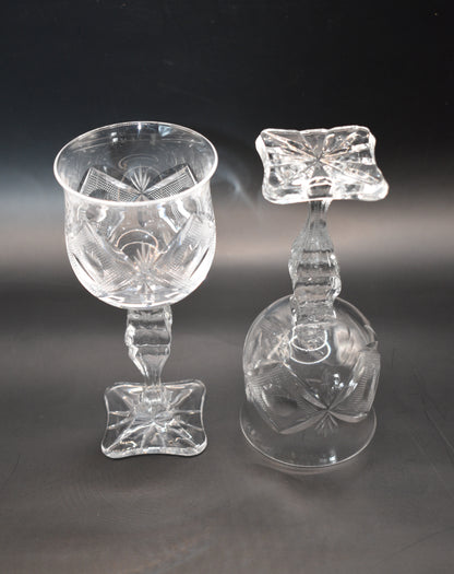 Vintage hand-cut lead Crystal White Wine Goblets - Set of 6 - Geometric Sturburst & Square Base