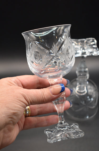Vintage hand-cut lead Crystal White Wine Goblets - Set of 6 - Geometric Sturburst & Square Base
