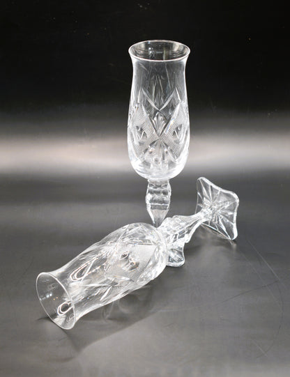 Vintage hand-cut lead Crystal Champagne Flute - Set of 2 - Geometric Sturburst & Square Base
