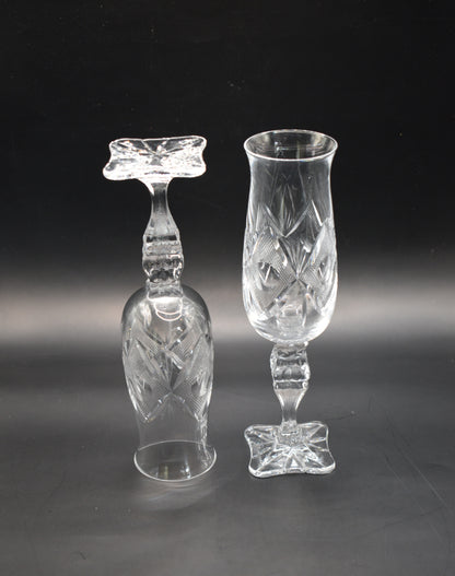 Vintage hand-cut lead Crystal Champagne Flute - Set of 2 - Geometric Sturburst & Square Base