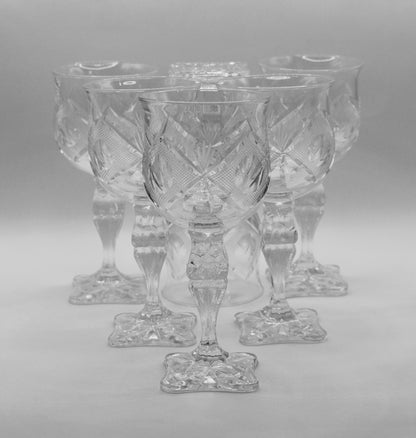 Vintage hand-cut lead Crystal White Wine Goblets - Set of 6 - Geometric Sturburst & Square Base