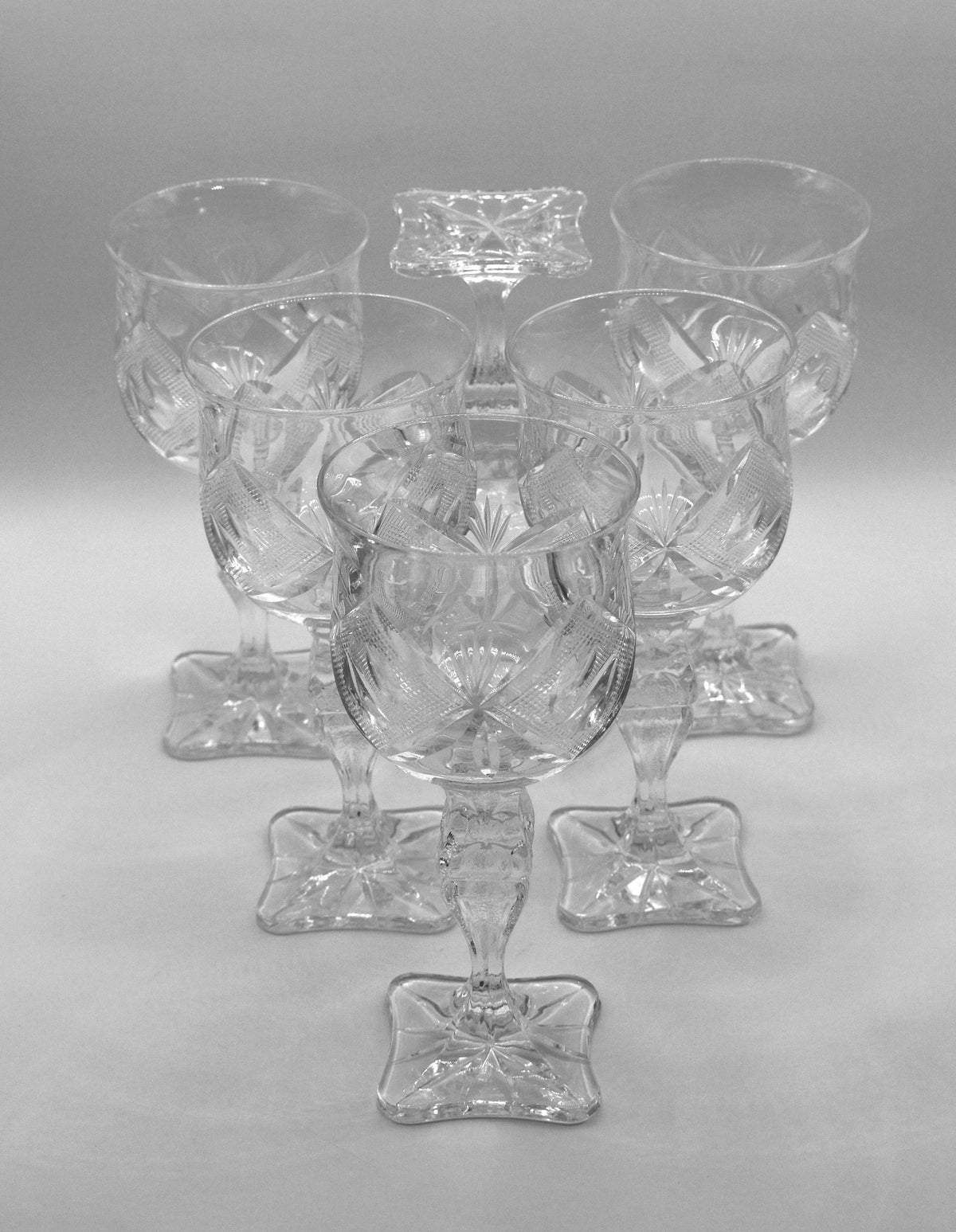 Vintage hand-cut lead Crystal White Wine Goblets - Set of 6 - Geometric Sturburst & Square Base