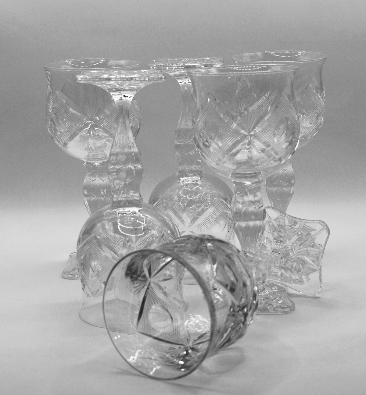 Vintage hand-cut lead Crystal White Wine Goblets - Set of 6 - Geometric Sturburst & Square Base