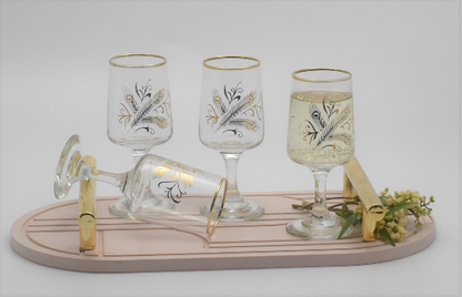 Vintage Liqueur Glasses with gold trim and gold peacock feather design. Set of 4