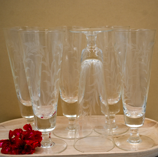 Vintage Etched Fern Frond Pilsner/Champagne/Parfait/Punch/Cocktail Glasses