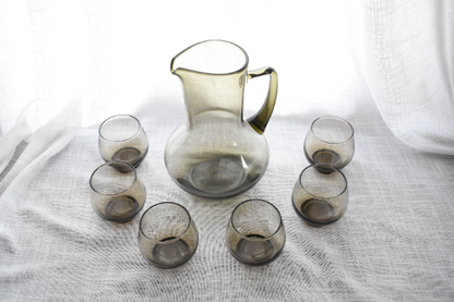 Smokey Green cocktail pitcher with six roly poly glasses.