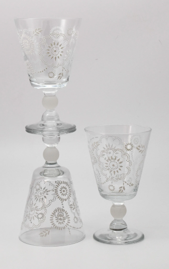 Vintage Pretty White Painted/Stenciled floral design. Short frosted ball stemmed wine glass/water goblet. Set of 3