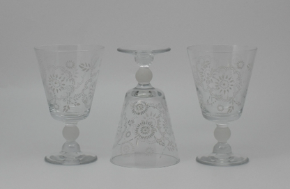 Vintage Pretty White Painted/Stenciled floral design. Short frosted ball stemmed wine glass/water goblet. Set of 3