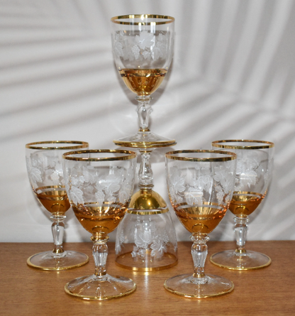 Vintage Bohemian Crystal Gold trimmed etched sherry glasses. Set of 6