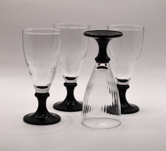 Vintage Italian Textured Wine Glasses with Black Stems. Set of 4