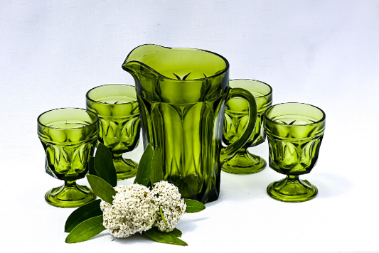 Vintage Anchor Hocking Avocado Green  'Fairfield Pattern' Water Set