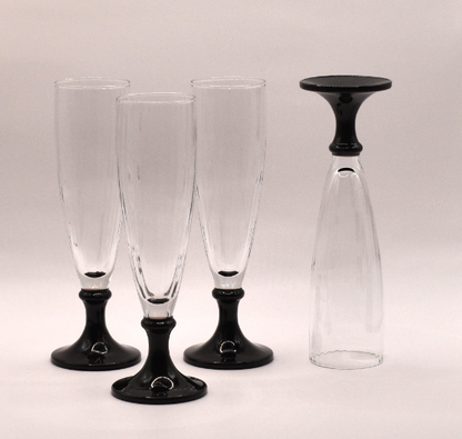 Vintage Italian Textured Champagne Flutes with Black Stem. Set of 4