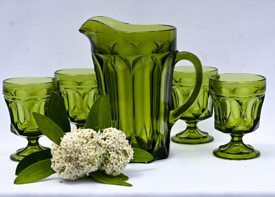 Vintage Anchor Hocking Avocado Green  'Fairfield Pattern' Water Set