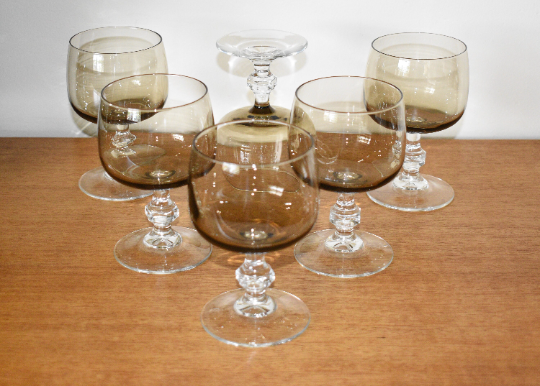 French Vintage Luminarc smoked grey/brown glass wine glasses - Faceted Stem. Set of 6