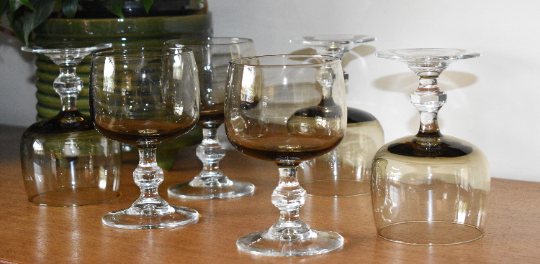 French Vintage Luminarc smoked grey/brown glass wine glasses - Faceted Stem. Set of 6