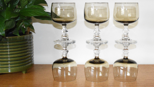 French Vintage Luminarc smoked grey/brown glass wine glasses - Faceted Stem. Set of 6