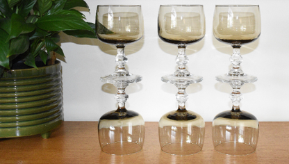 French Vintage Luminarc smoked grey/brown glass wine glasses - Faceted Stem. Set of 6