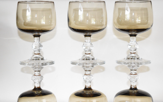 French Vintage Luminarc smoked grey/brown glass wine glasses - Faceted Stem. Set of 6