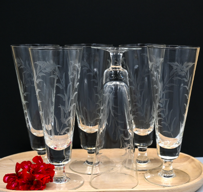 Vintage Etched Fern Frond Pilsner/Champagne/Parfait/Punch/Cocktail Glasses