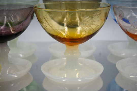 Vintage Harlequin Etched Dessert/Cocktail Bowls with Milk Glass Base