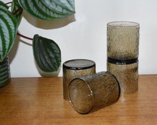 Vintage Crown Corning Textured Smokey Brown - small tumblers - Bark Glass - Set of 4