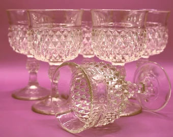 Vintage Indiana Wine Glasses -  Diamond Point - Stemware Vintage Goblets - Retro Barware. Set of 6