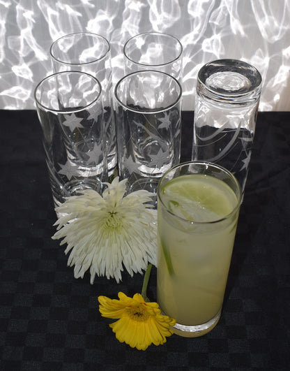 Tall narrow "Collins" tumblers. Etched Glass water glass. Cocktail Glasses. Set of 6