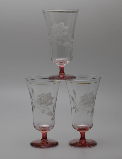 Vintage Rose Etched pink stem and footed parfait glasses. Champagne Flutes. Set of 3