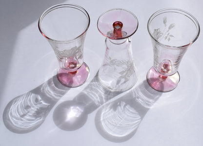 Vintage Rose Etched pink stem and footed parfait glasses. Champagne Flutes. Set of 3