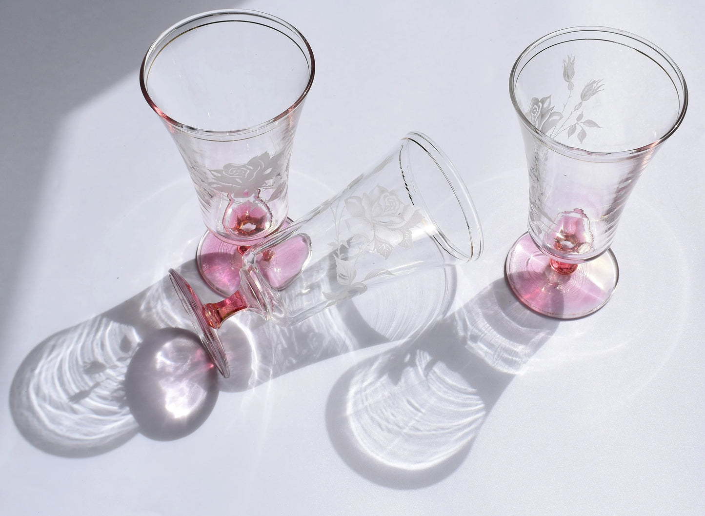 Vintage Rose Etched pink stem and footed parfait glasses. Champagne Flutes. Set of 3