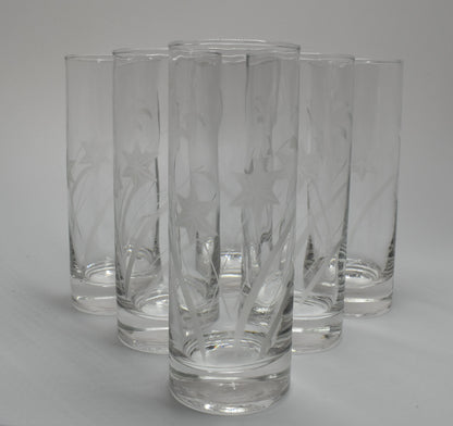 Tall narrow "Collins" tumblers. Etched Glass water glass. Cocktail Glasses. Set of 6