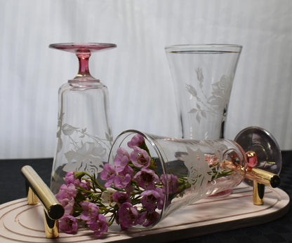 Vintage Rose Etched pink stem and footed parfait glasses. Champagne Flutes. Set of 3